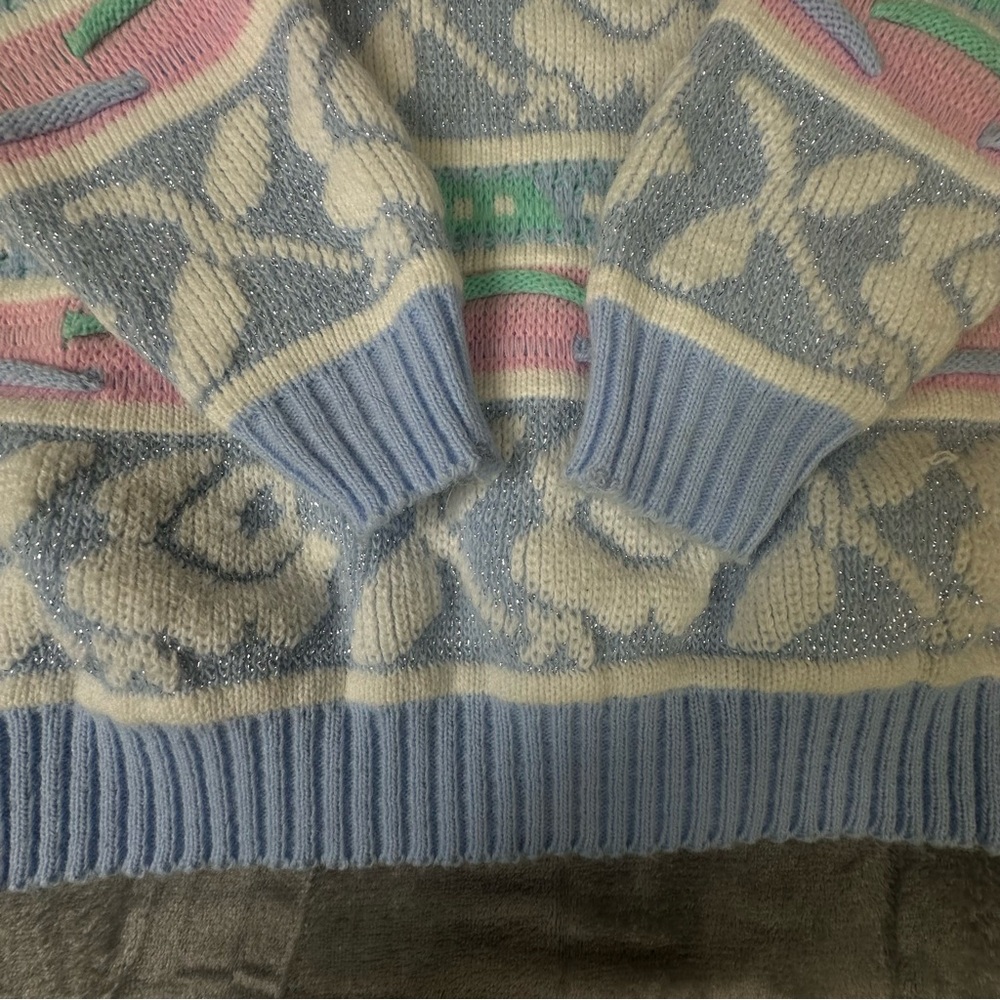 VTG 80s 90s Rose Textured 3D Knit Sweater Wms M NO SIZE TAG USA Pastel Glitter - Picture 3 of 14
